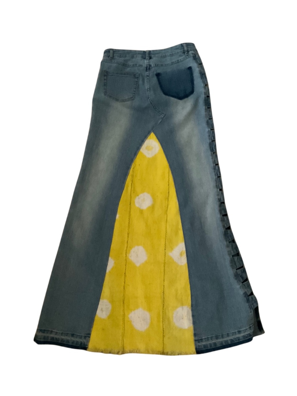 AUTHENTIC Maxi Denim Skirt w/ Yellow/White Mudcloth Inset & Cowrie Shells - Picture 2 of 7